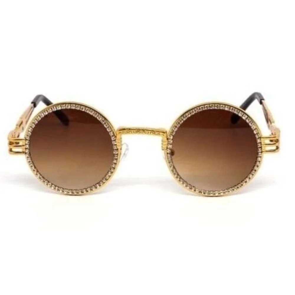 Rhinestone Sunglasses Round Gold Frame Brown Lens Men's Fashion Retro Luxury New